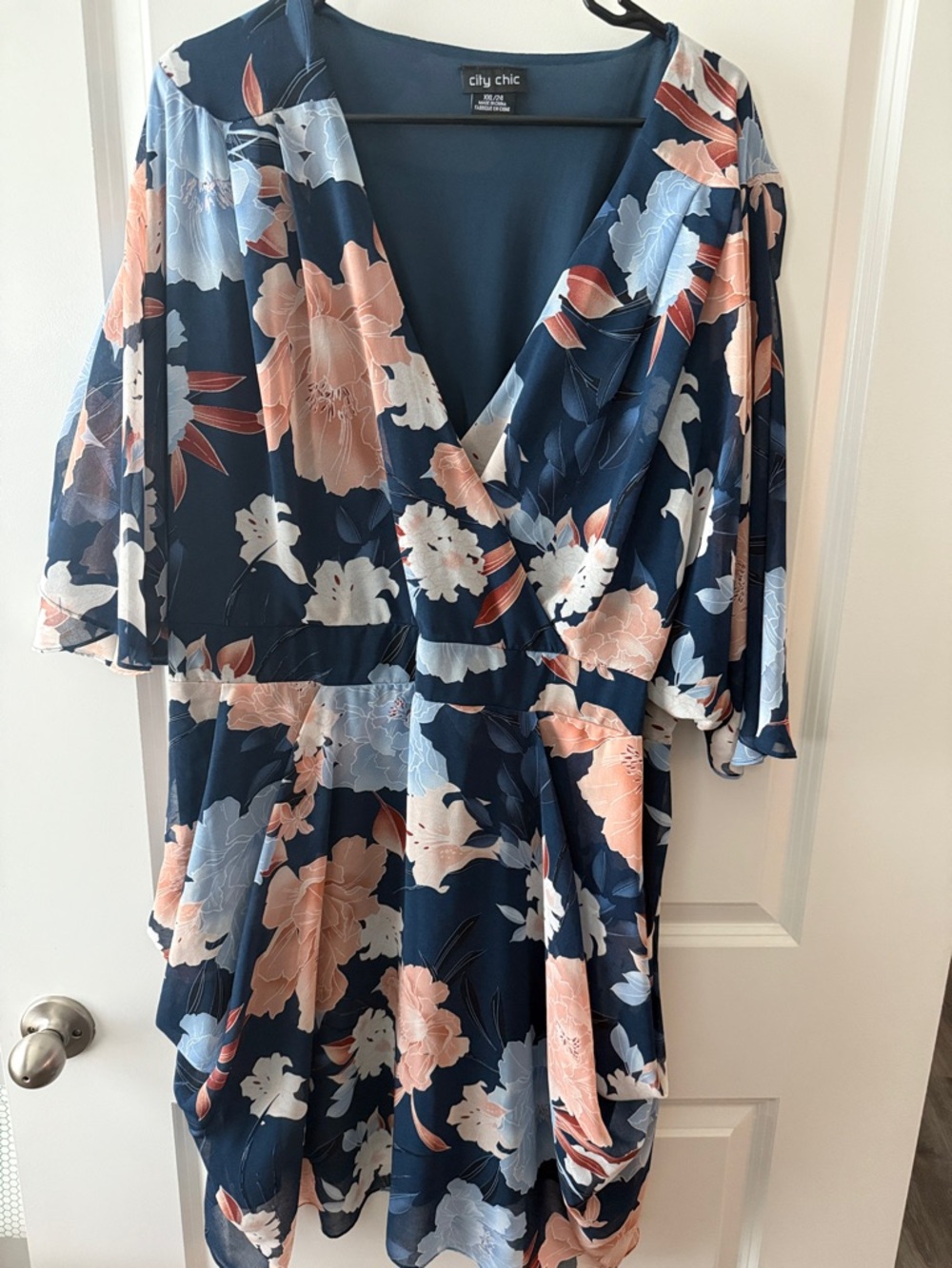 City Chic Navy Floral Wrap Dress - Peach & Light Blue Blooms